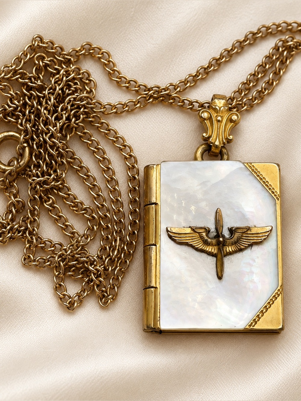 Vintage Army Sweetheart Mother of Pearl 12K Gold Filled Book Locket Necklace